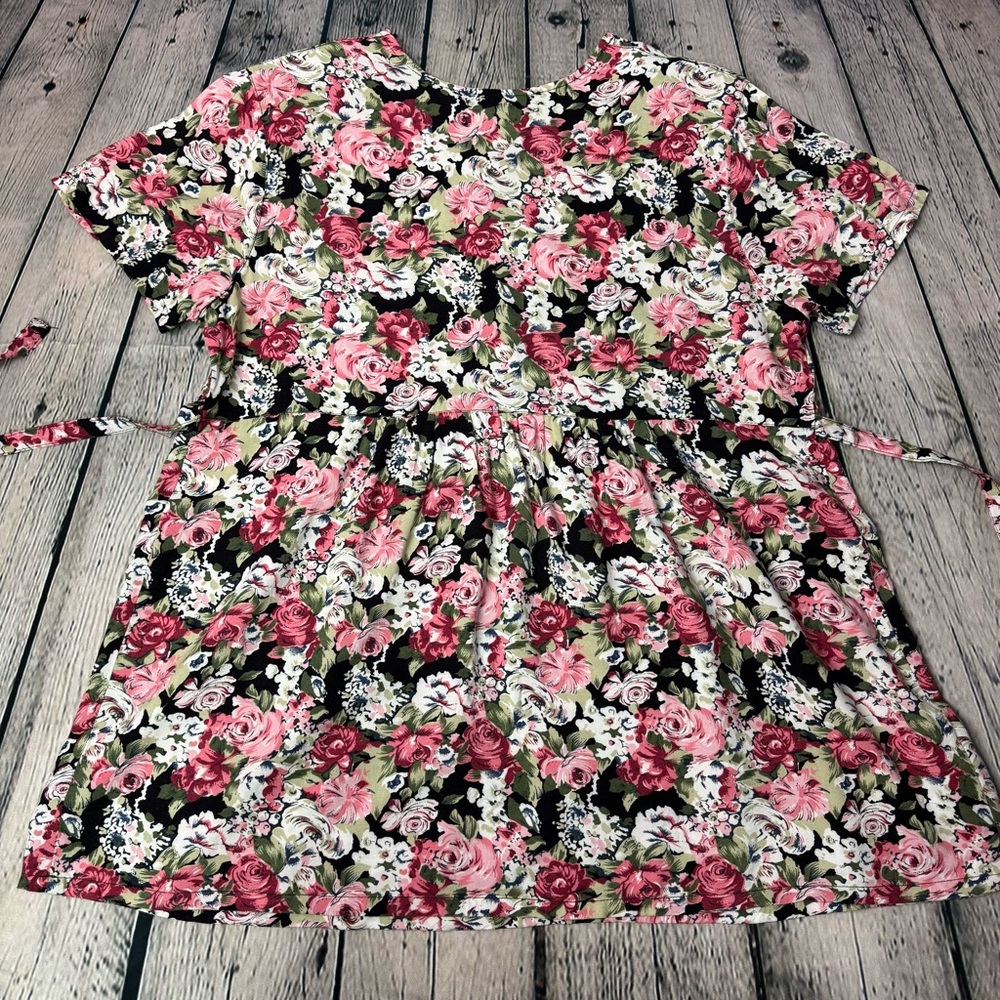 Oh! Mamma Vintage 90s Black w/ Pink Floral Rayon Babydoll Top Maternity Sz Large - Picture 3 of 8